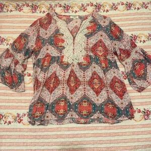 Umgee Multicolor Boho Blouse with Lace Detail